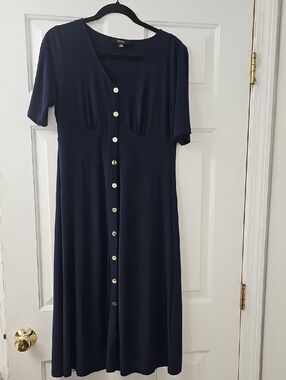 MSK Navy Button-Front V-Neck Midi Dress with Short Sleeves